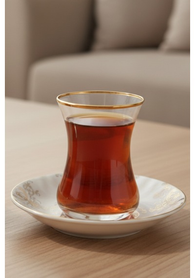 6 Kişilik Emboss Lüks Desen Porselen Altın Yaldızlı Çay Takımı 12 Parça Beyaz
