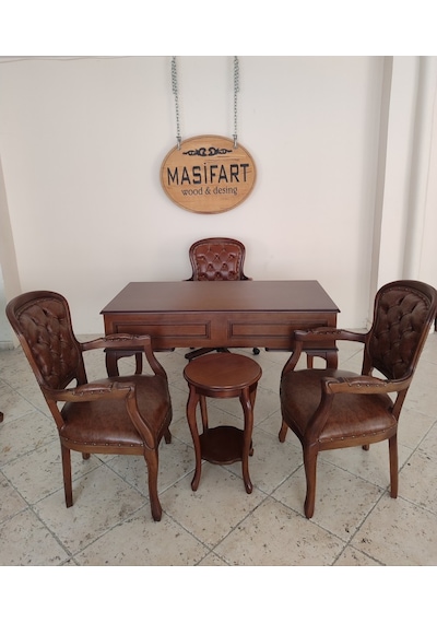 Masifart Obre Ahşap Ofis Takımı Çalışma Masası Grubu 5 Parça Eskitme