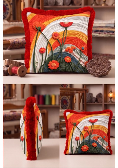 Çiçek Tasarım Sanatsal Saçaklı Yastık Kılıfı - Soyut Floral Turuncu Bordo Püsküllü Kırlent Kılıfı Serin Düş Nova Çiçek Tasarım Sanatsal Saçaklı Yastık Kılıfı - Soyut Floral Turuncu Bordo Püsküllü Kırlent Kılıfı Serin Düş Nova