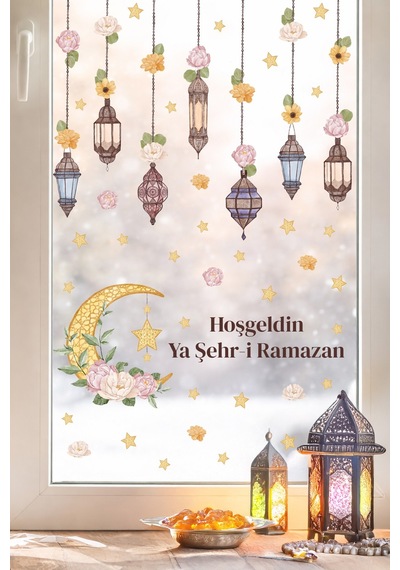 Hoşgeldin Ya Şehr-i Ramazan Duvar Sticker Seti Fener & Ay Yıldız Temalı Dekor Dijital Baskı