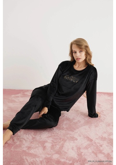 Pijamoni Kadın Yumuşak Kadife Bisiklet Yaka Siyah Pijama Takımı Siyah