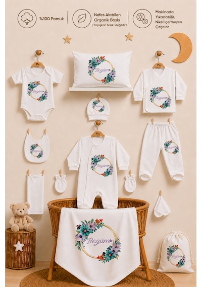 Pia Baby Kız Bebek Hastane Çıkışı Seti 12 Parça %100 Pamuk İsimli Kişiye Özel Organik Baskılı Kıyafet Keseli 102611kyx Ekru