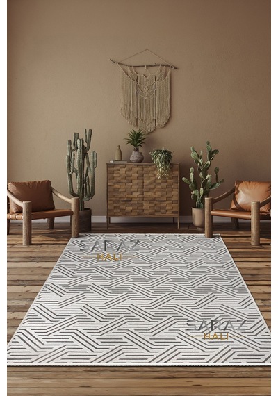 Ada Kilim Modern Salon Mutfak Koridor Kesme Yolluk Dokuma Makine Halısı Zigzag Krem Krem