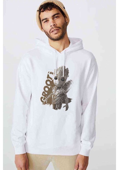 I Am Groot Brush Baskılı Beyaz Erkek Örme Kapşonlu Sweatshirt