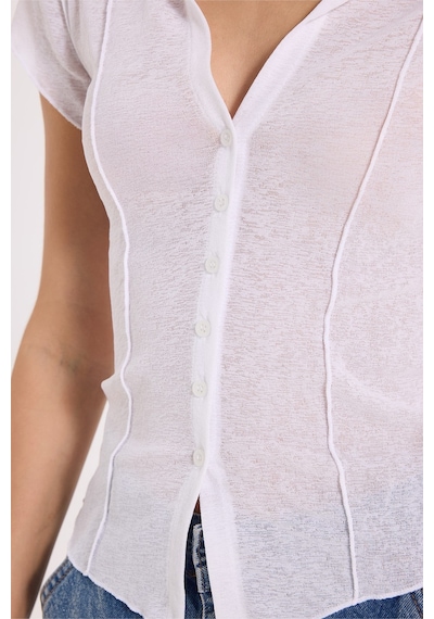 Tudors Kadın Slim Fit Dar Kesim Kısa Kollu Dikiş Detaylı Dokulu Düğmeli Beyaz Bluz Gömlek