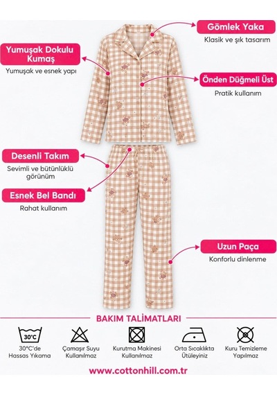 Cottonill Bej Ayıcık Desenli Pötikare Yumuşak Dokulu Gömlek Yaka Düğmeli Uzun Kollu Kadın Pijama Takımı