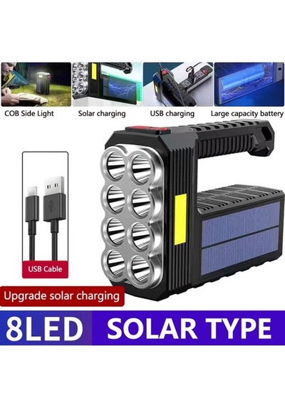 El Feneri Çok Fonksiyonlu 8 Gözlü Şarjlı Solar Usb Güneş Enerjili Siyah