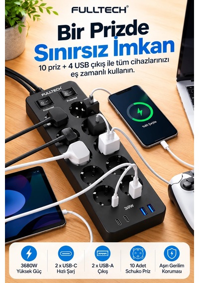 Akım Korumalı 10'lu Çoklu Priz 3680w 20w Hızlı Şarj 2 Usb-c 2 Usb-a 2 Metre Kablolu Ftr-30 2 M