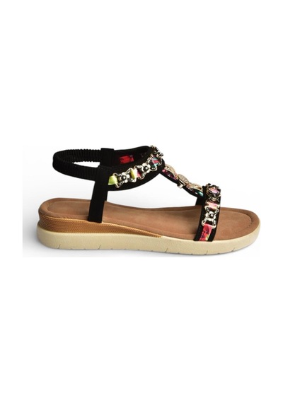 Fox Shoes Y274801409 Siyah Düz Tabanlı Renkli Taş Detaylı Kadın Sandalet Siyah