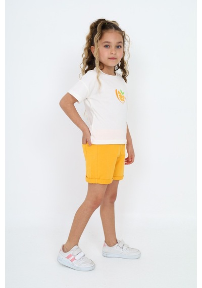 Toontoy Kids Toontoy Kız Çocuk 2'li Takım Baskılı Bisiklet Yaka T-shirt & Beli Lastikli Şort Ekru