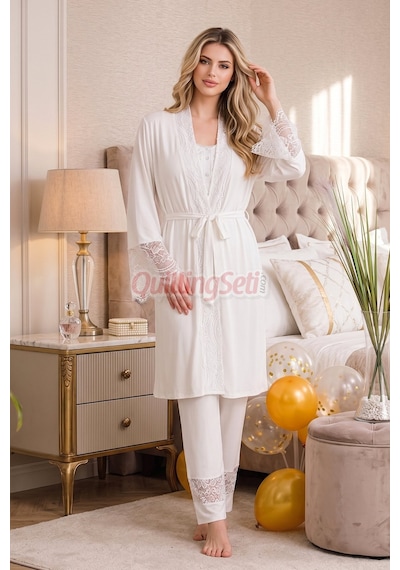 Lady Ekru Renkli, Derin Patlı, Dantel Detaylı 33002 Sabahlıklı 3lü Lohusa Hamile Pijama Takımı