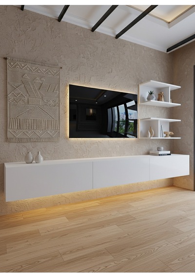 Resital Ledli Duvara Monte Tv Sehpası - Beyaz - W6012-1 Beyaz