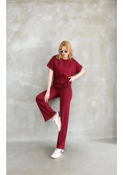 Efnaz Style Osy Modal Yumuşak Dokulu Kumaş Bisiklet Yaka Kısa Kollu Takım - Bordo