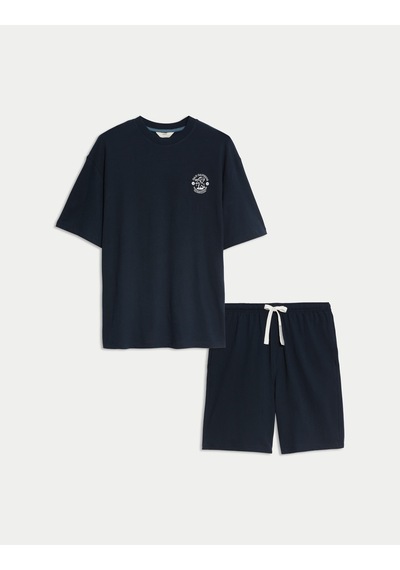 Marks & Spencer Saf Pamuklu Pijama Takımı T07005119 Lacivert