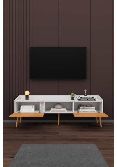Asra Trend Tv Ünitesi Tv Sehpası T-28 %100 MDF Ayaklı Modern Medya Ünitesi Beyaz - Petra