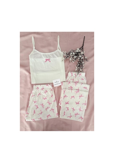 Mh Moony Homewears Pemboli Kurdele 3'lü Yumuşacık Pijama Takımı Ekru Pembe