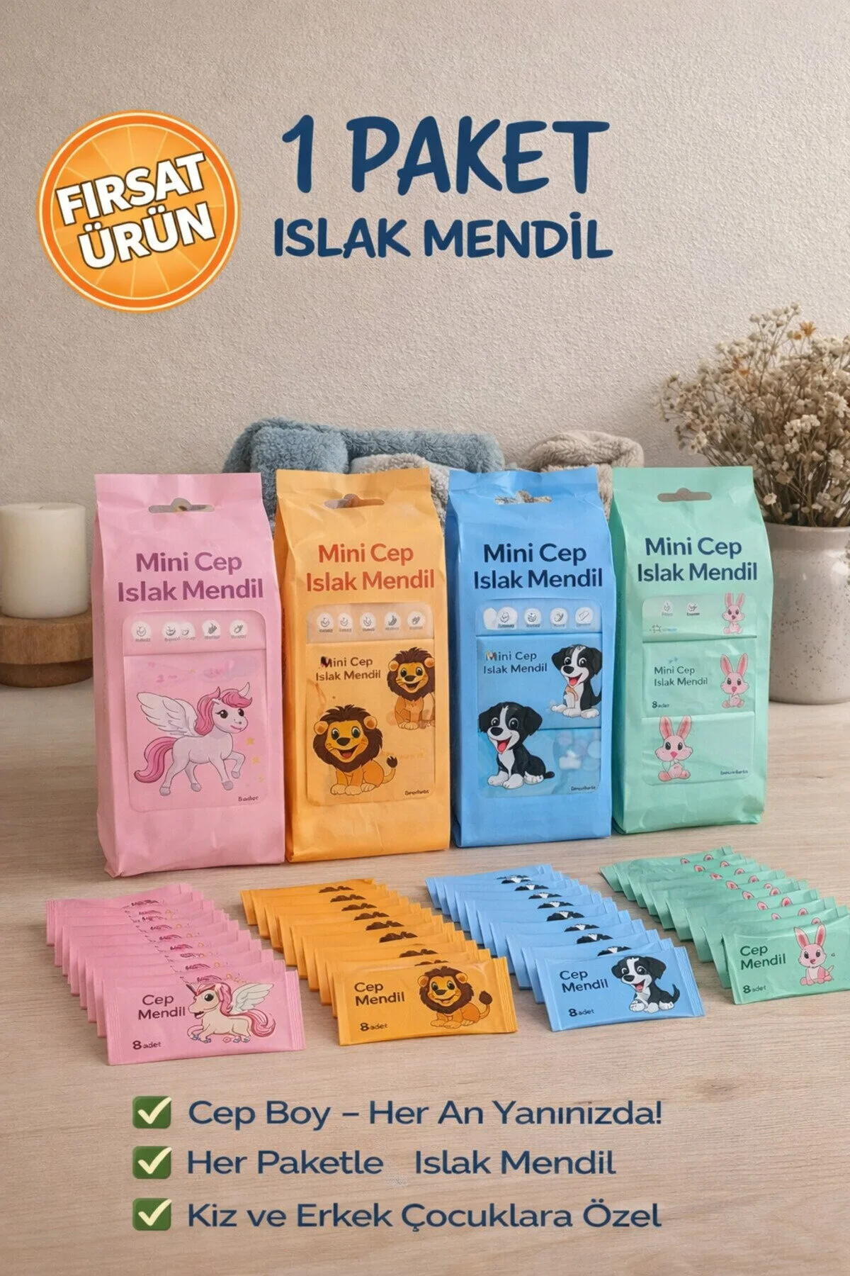 1 Paket Mini Cep Islak Mendil 8'li Paket Aloe Veralı Alkol İçermez Yumuşak Dokulu 8'li Set