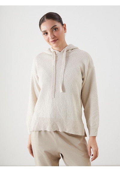 Lcwaıkıkı Classic Bej Kapüşonlu Oversize Kadın Triko Kazak