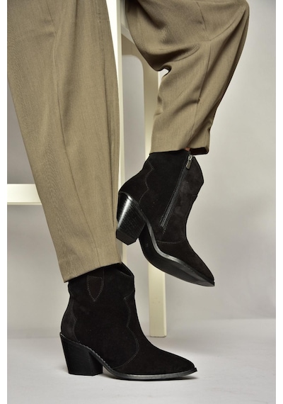 Fox Shoes T380082502 Siyah Süet Kovboy Model Kalın Topuklu Kadın Bot Siyah