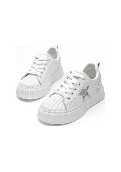 Günlük Kadın Sneaker Bağcıklı Yıldız Detaylı Yüksek Taban Simli Rahat Ayakkabı 7100 Beyaz