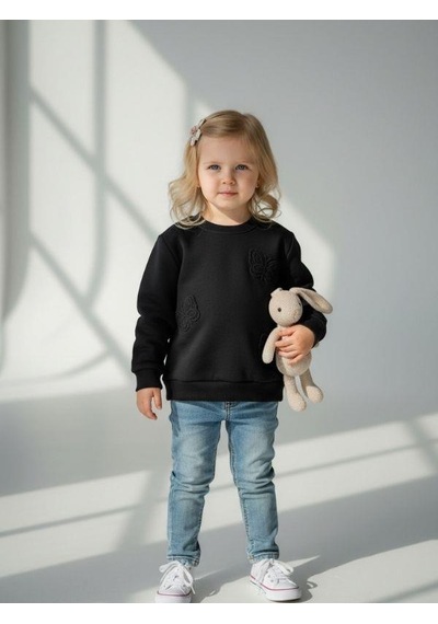 Kız Çocuk Kelebek Desenli Sweatshirt-16229 Siyah