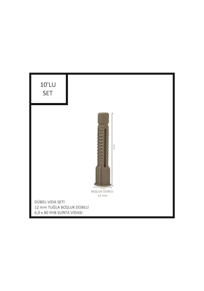 Dübel-vida Seti, Tuğla Boşluk Dübeli 12 Mm, 6,0x80 Yhb Sunta Vidası, 10 Adet