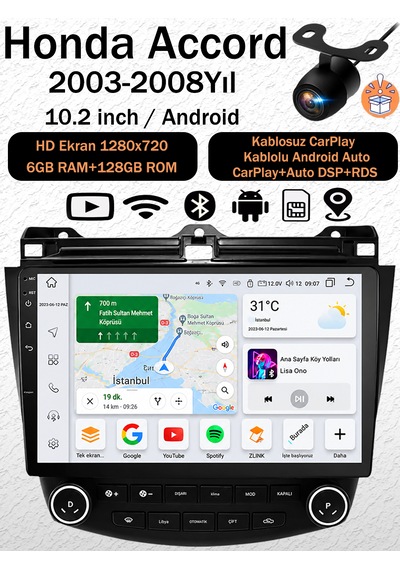 Honda Accord 2003-2008 Android 14 Navigasyon Multimedya Tesla Ekran 6gb Ram 128gb Hafıza Kablosuz Carplay Android Auto 10.2"