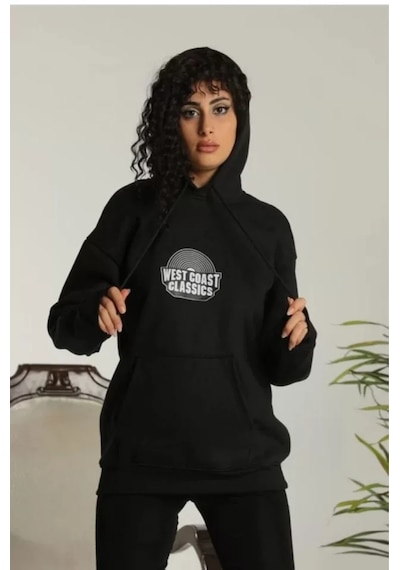 De'charme Unisex Sırt Baskılı Kapüşonlu Üç İplik Oversize Sweatshirt - Siyah