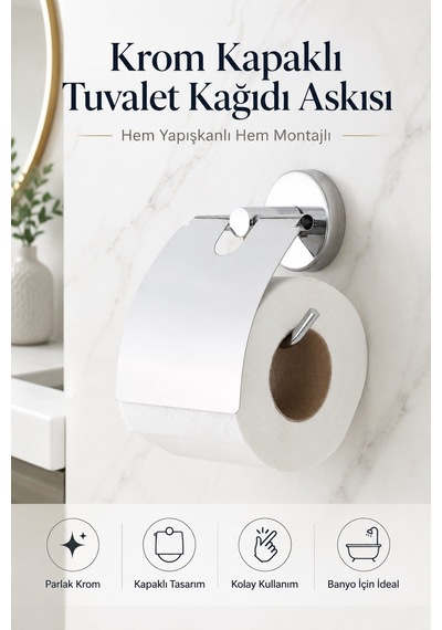 Alper Banyo Ceria Krom Kapaklı Tuvalet Kağıdı Askısı | Tuvalet Kağıtlığı | Hem Yapışkanlı Hem Vidalı Montaj