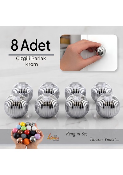 8 Adet Sert Plastik Düğme Yuvarlak Top Çizgili Parlak Krom Dolap Mobilya Mutfak Dolabı Çekmece Kulbu Kulpu Kulplar