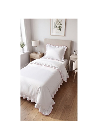 %100 Pamuk Overloklu Fırfırlı Tek Kişilik Nevresim Takımı Lastikli Çarşaflı 160x200 Cm Pembe - 904799828 Pembe
