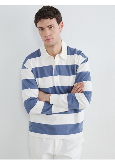 Lcw Vision Mavi Polo Yaka Çizgili Erkek Sweatshirt