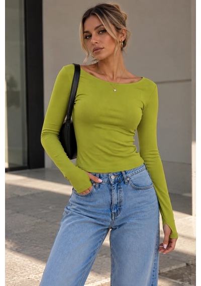 Bb Butik Basic Soft Touch Parmak Geçmeli Kayık Yaka Bluz Mdk35 Olive