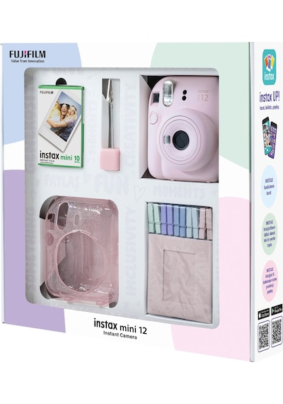 Fujifilm Instax Mini 12 Fotoğraf Makinesi + 10'lu Film + Simli Pleksi Kılıf + Mandal + Kıskaçlı Standı Pembe