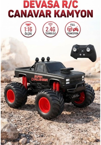Uzaktan Kumandalı Dev Boy Challenger 4x4 15 Km Hızlı 1:16 Ölçek 6 Fonksiyon Gerçekçi Oyuncak Araba Siyah
