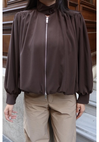 Kechi Woman Linda Twill Kumaş Çift Fermuarlı Astarlı Ceket Kahverengi