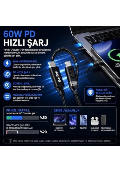 S-link Armor Cc-020 60w 20 Cm Type-c To Type-c Pd Örgülü Metal Başlıklı Siyah Hızlı Şarj Kablosu, Kısa Type C Diğer