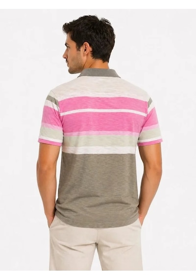 Oada Erkek Flamlı Penye Çizgili Polo Yaka Tişört Kısa Kol Yazlık T-shirt - Gri