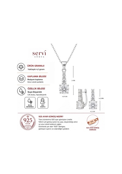 Servi 925 Ayar Gümüş Üç Taş Detaylı Tektaş Kolye Ve Küpe Seti-334