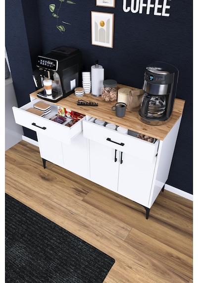 Df14103 Kahve Köşesi Dolabı Çok Amaçlı Mutfak Konsolu Çekmeceli Kapaklı Mutfak Dolabı Coffee Bar Beyaz-çam Çok Renkli