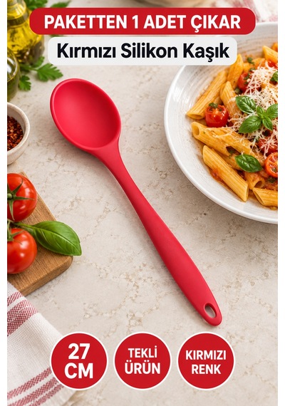 Tekli Kırmızı Büyük Boy Silikon Kaşık 27 Cm Mutfak Yemek Pişirme Ve Servis Kaşığı Evde Kullanım İçin