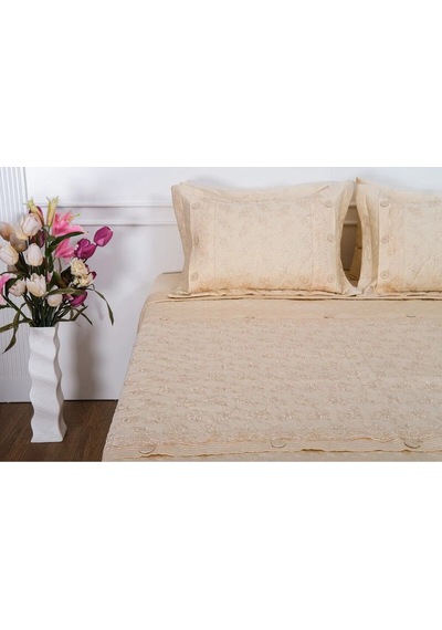Gülfem Pamuk Bej Baskılı Bej Yatak Örtüsü Seti Çift Kiş. 6 Parça 260x70 Cm 1465 Bej