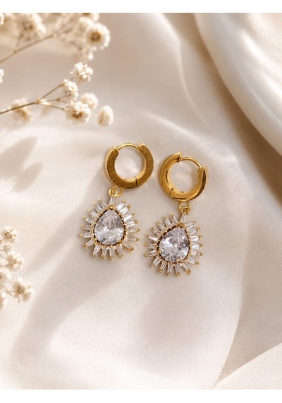 Cm Jewelry Zirkon Taşlı Damla Sallantılı Gold Çelik Küpe Altın