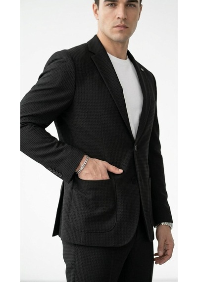Erkek Yazlık Dokulu Kumaş Tek Düğme Ceketli Jogger Pantolonlu Takım Elbise Slim Fit Spor Şık Kombin Siyah