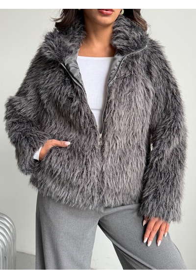 Verymoda Yapay Kürk Kadın Ceket Fermuarlı, Yumuşak Dokulu Modern Kışlık Mont F2037 Gri