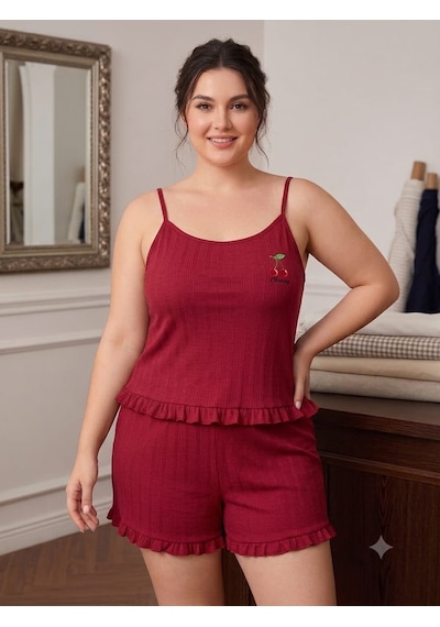 Büyük Beden Askılı Şortlu Likralı Pamuklu Kumaş Pijama Takım Bordo