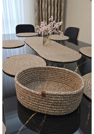 6 Lı Oval Supla 1 Runner 1 Dekoratif Ekmek Sepeti Seti Desenli Sunumluk Yemek Takımı Çok Renkli