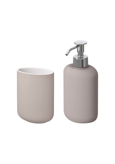 2 Li Banyo Seti Ekoln Sıvı Sabunluk Diş Fırçalık Bej Renk Stoneware Bej