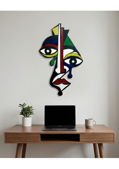 Picasso Tarzı Renkli Ahşap Duvar Mask Mdf - Soyut Yüz Duvar Sanatı. 1