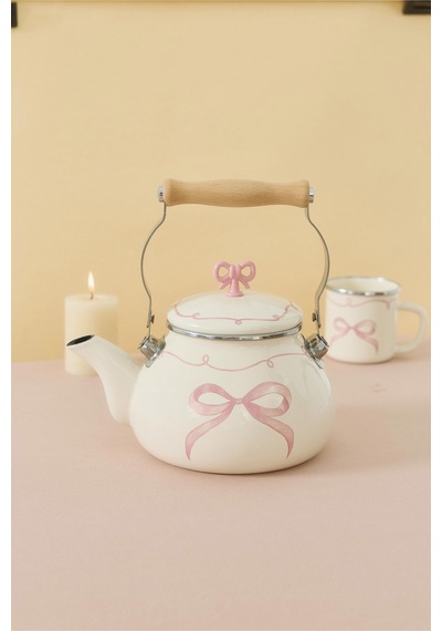 Rebel Bow Kurdele Desenli Emaye Vintage Kettle Fildişi